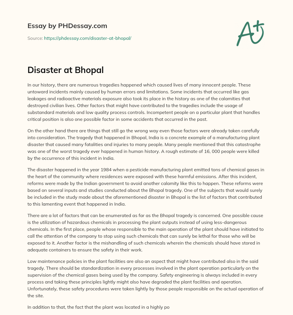 Disaster at Bhopal essay