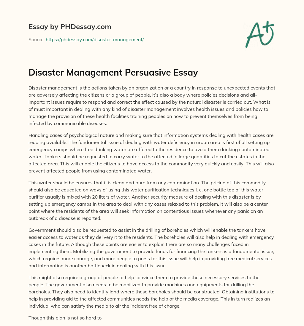 Disaster Management Persuasive Essay essay