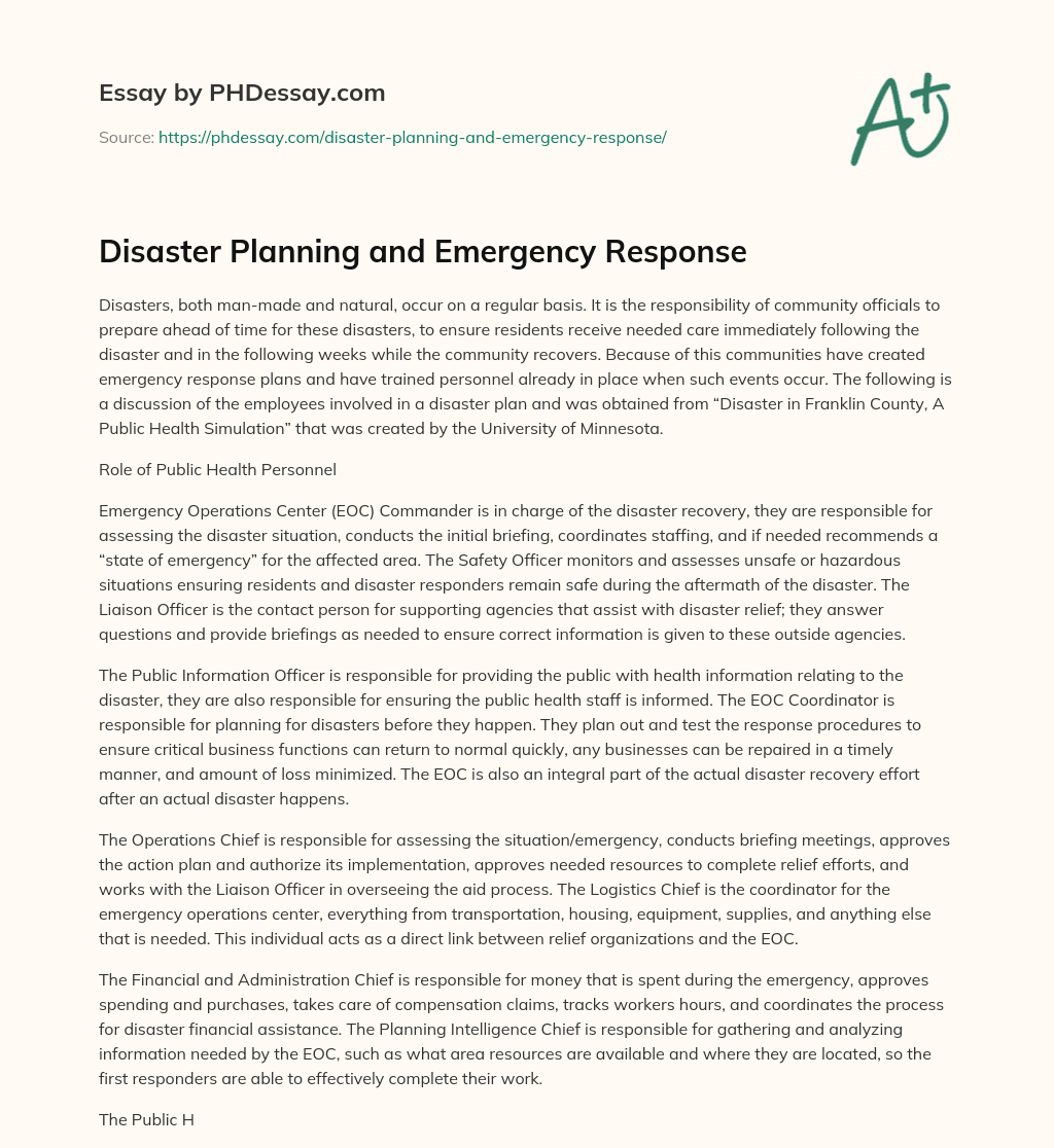 Disaster Planning and Emergency Response essay