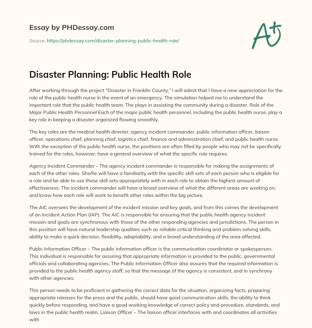 Disaster Planning: Public Health Role essay