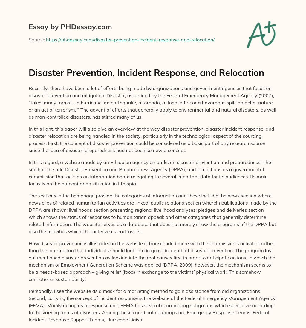 Disaster Prevention, Incident Response, and Relocation essay