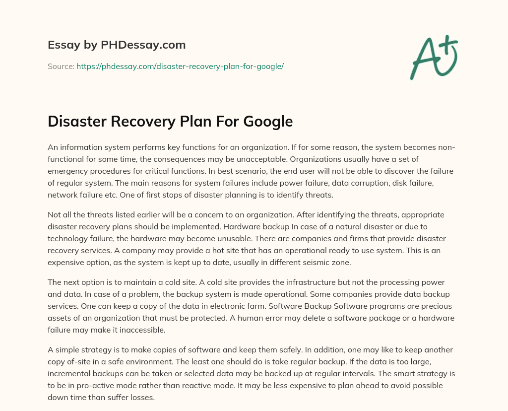 Disaster Recovery Plan For Google essay
