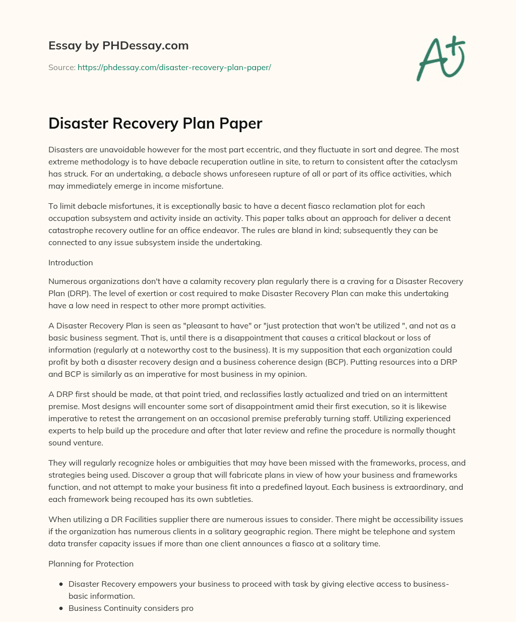 Disaster Recovery Plan Paper essay