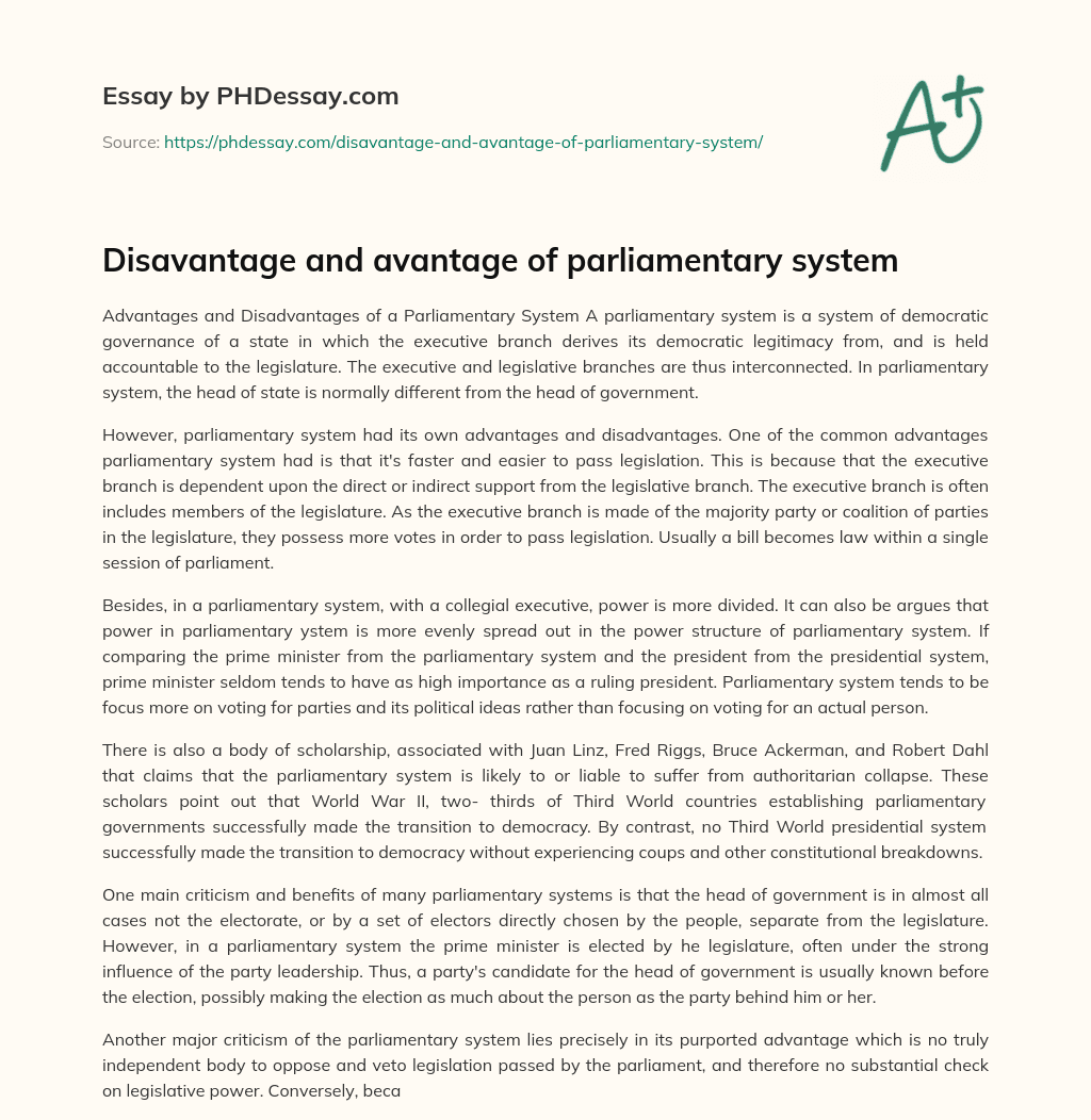 Disavantage and avantage of parliamentary system essay