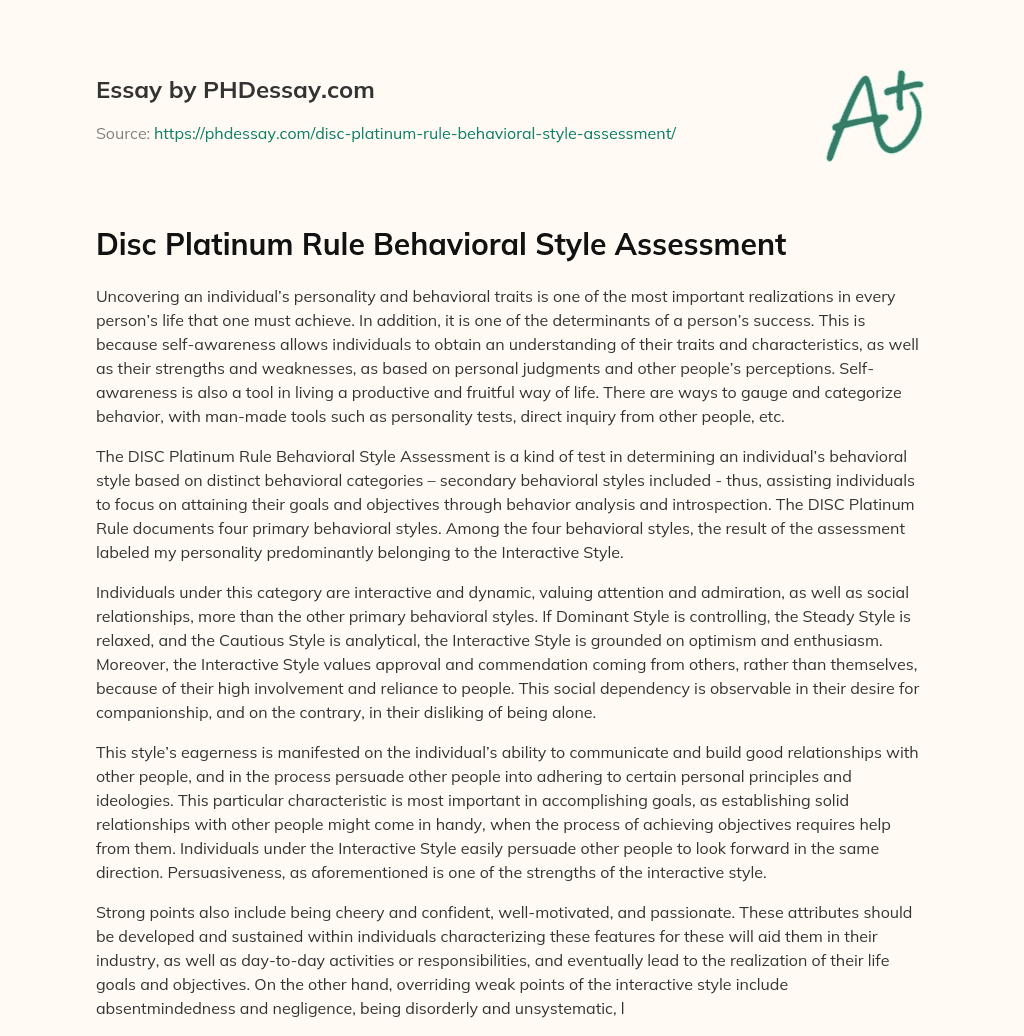 Disc Platinum Rule Behavioral Style Assessment essay