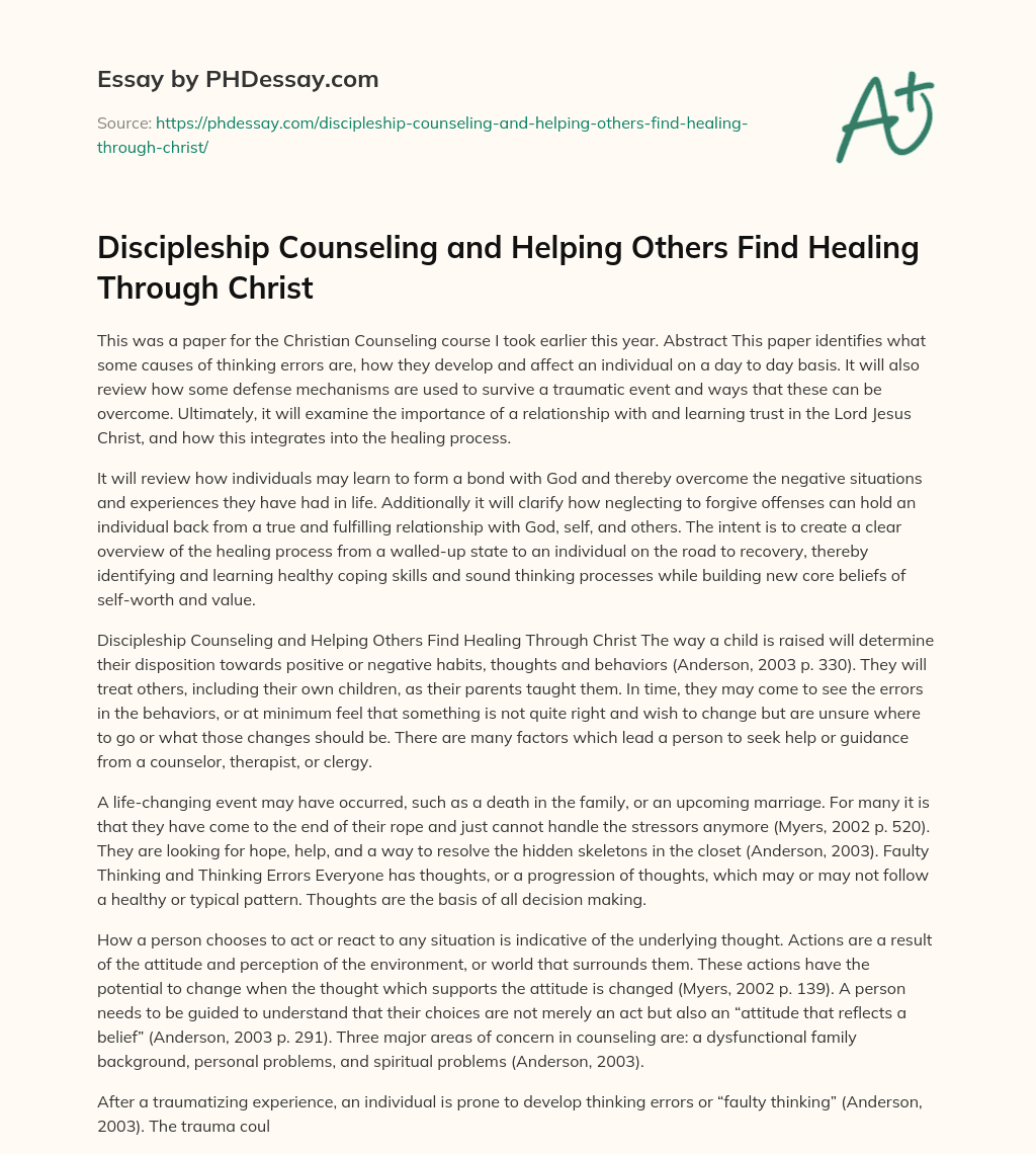 Discipleship Counseling and Helping Others Find Healing Through Christ essay