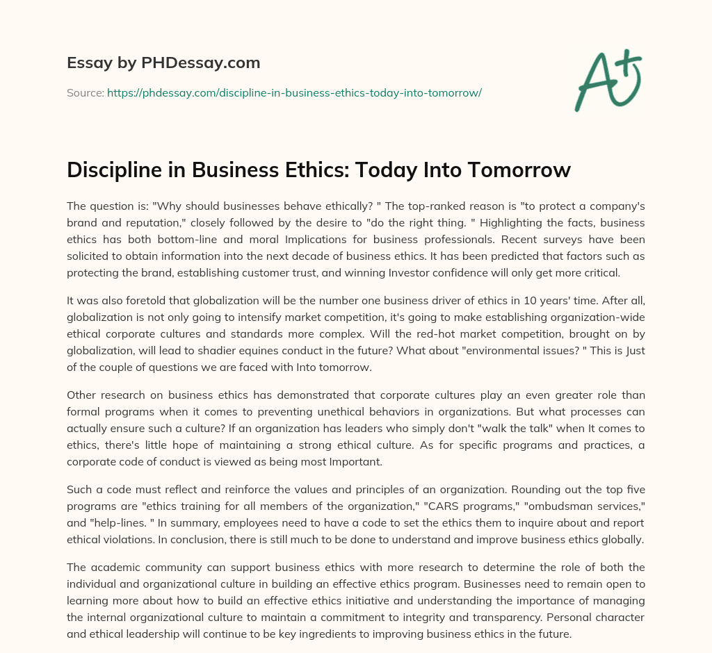 Discipline in Business Ethics: Today Into Tomorrow essay