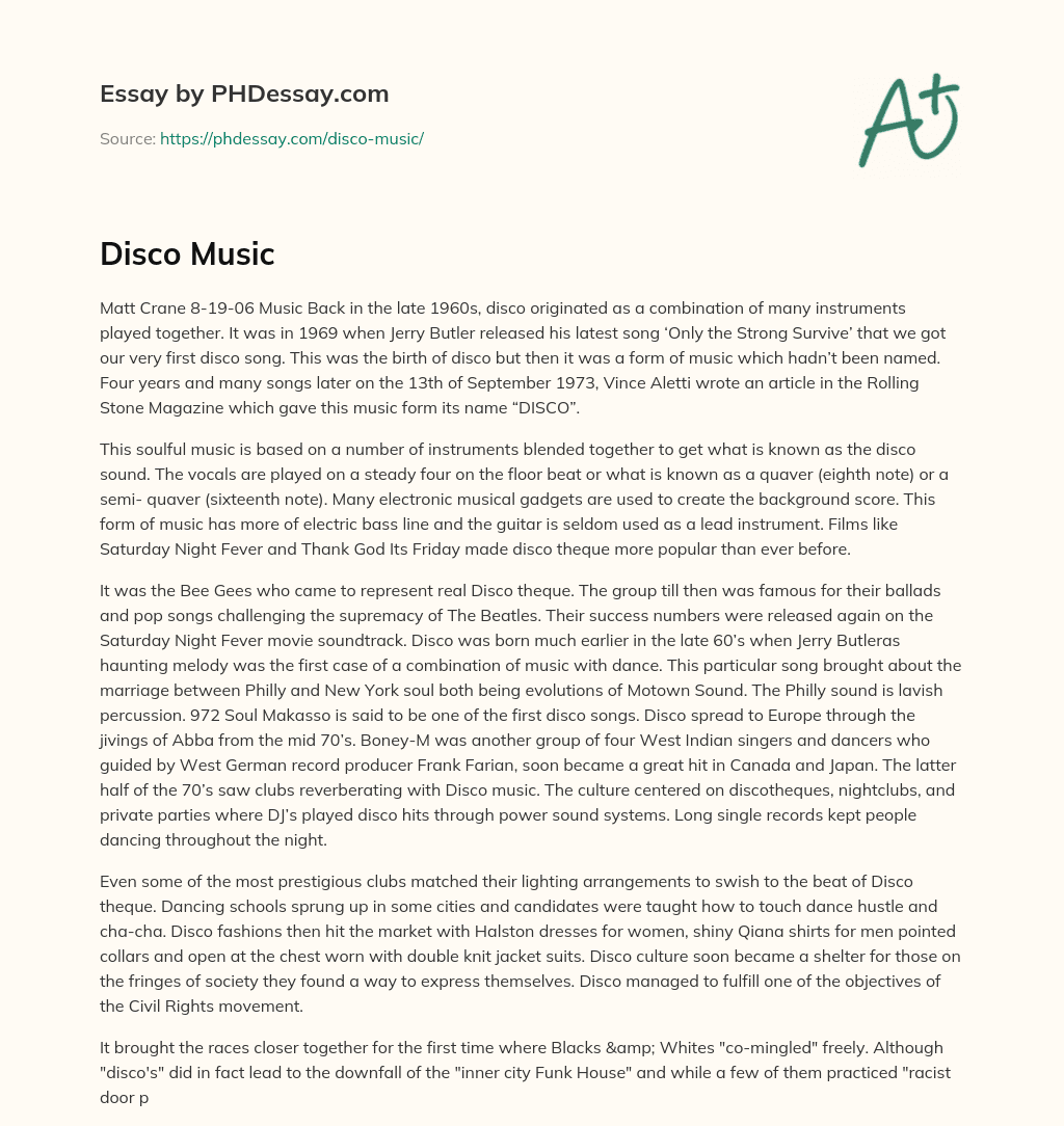 The Birth and Evolution of Disco Music in the Late 1960s and 1970s essay