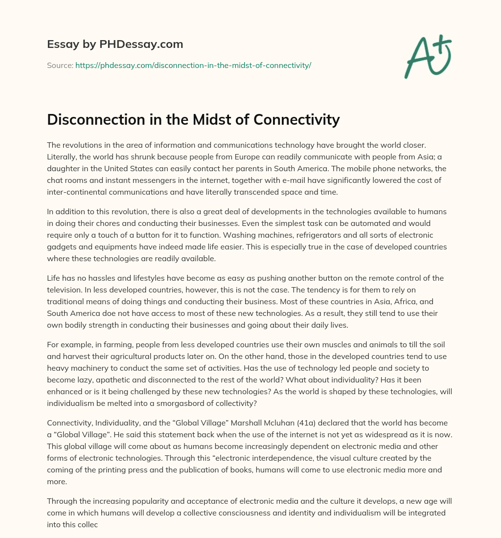 Disconnection in the Midst of Connectivity essay