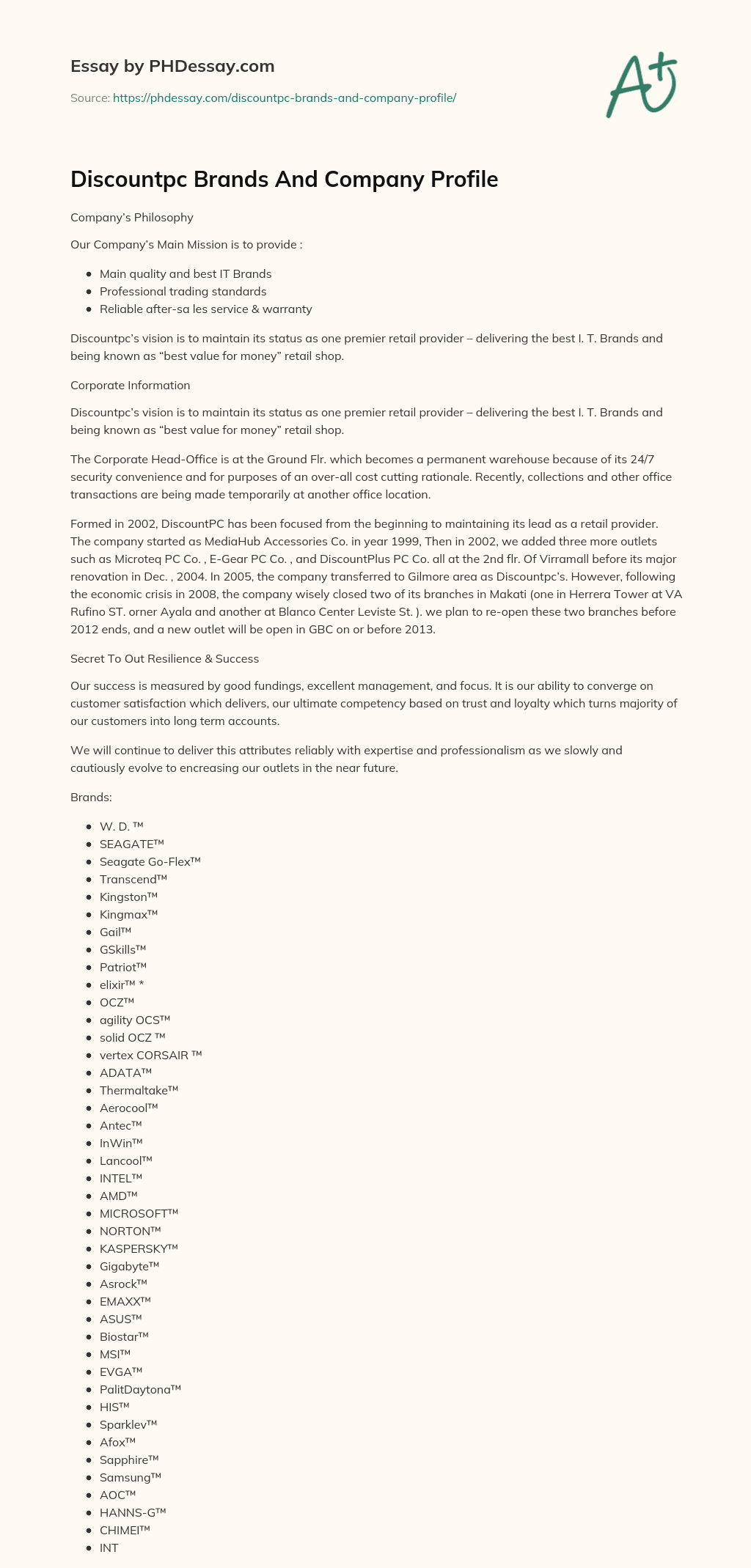 Discountpc Brands And Company Profile essay
