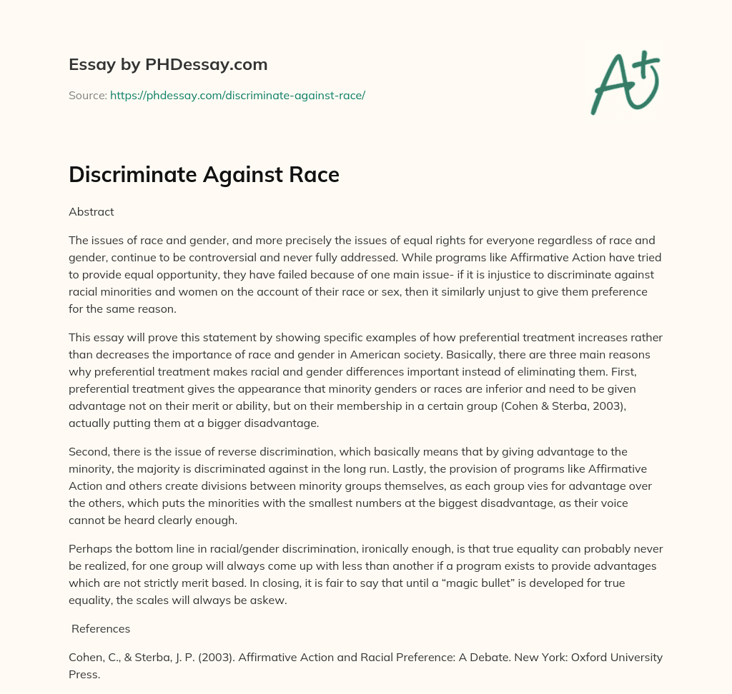 Discriminate Against Race essay