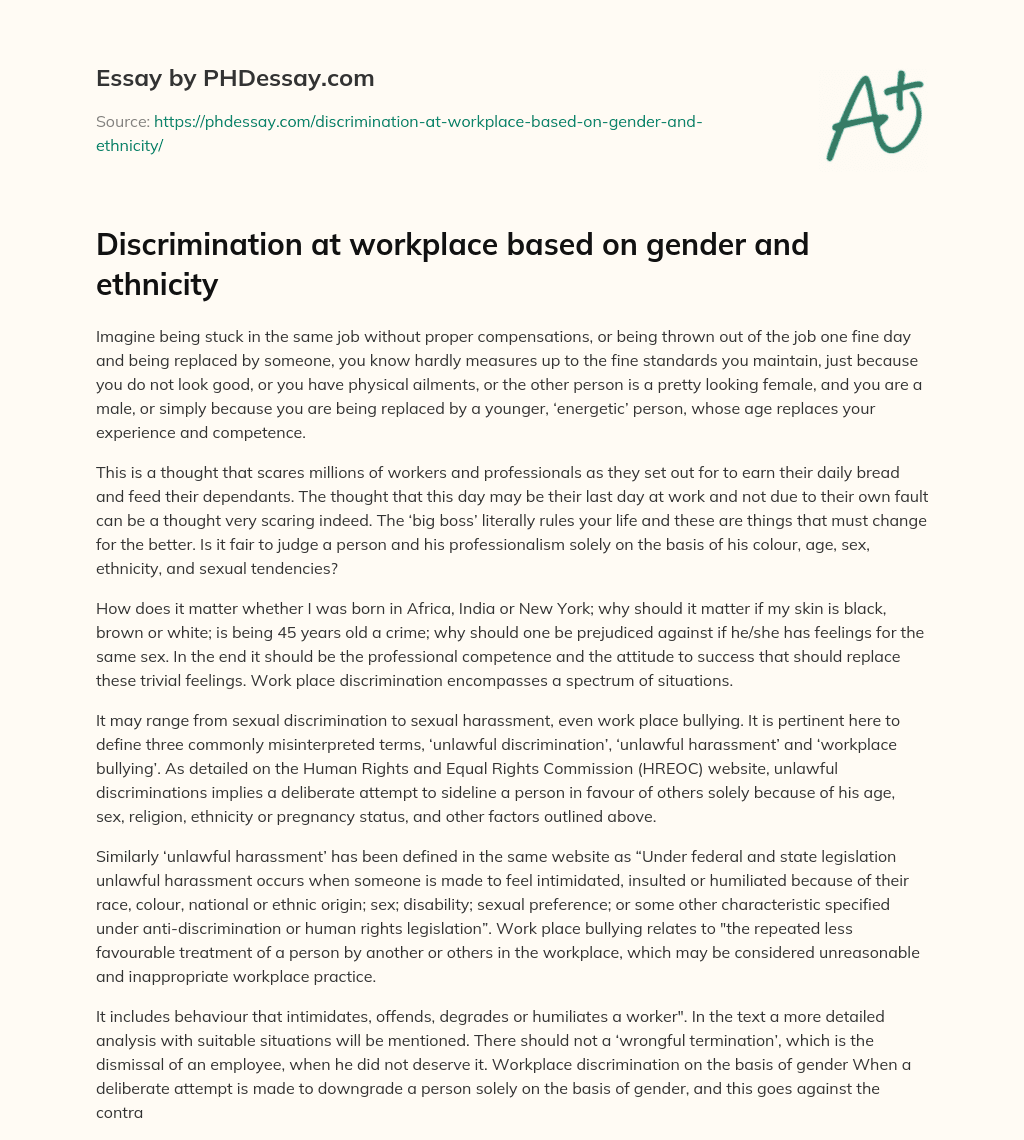 Discrimination at workplace based on gender and ethnicity essay