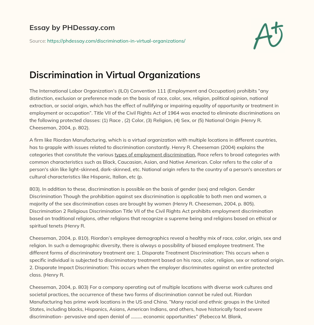 Discrimination in Virtual Organizations essay