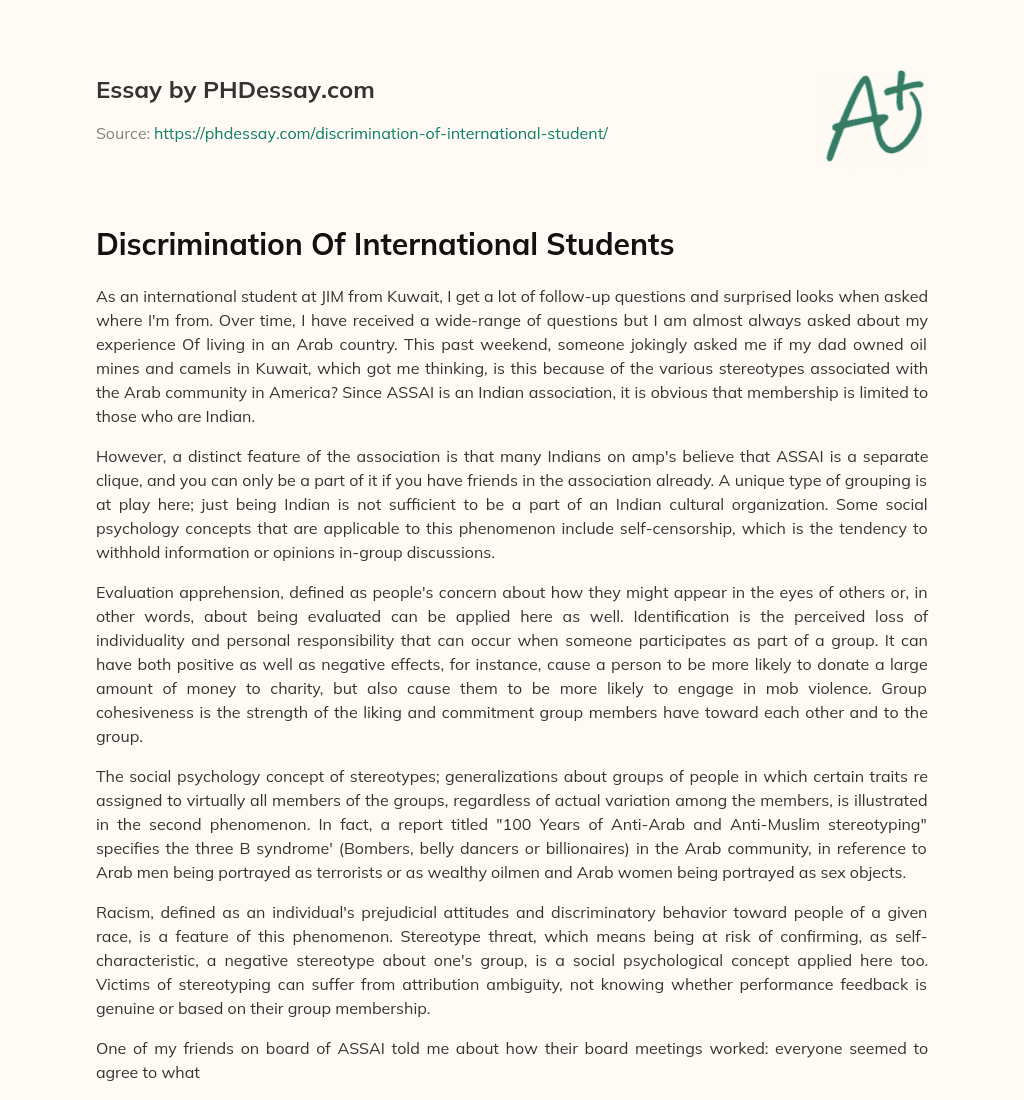 Discrimination Of International Students essay