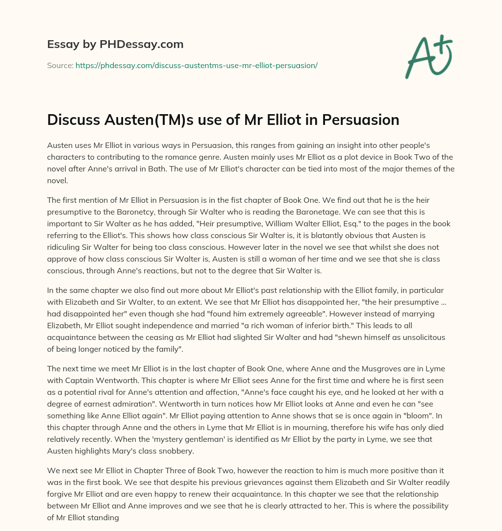 Discuss Austen(TM)s use of Mr Elliot in Persuasion essay