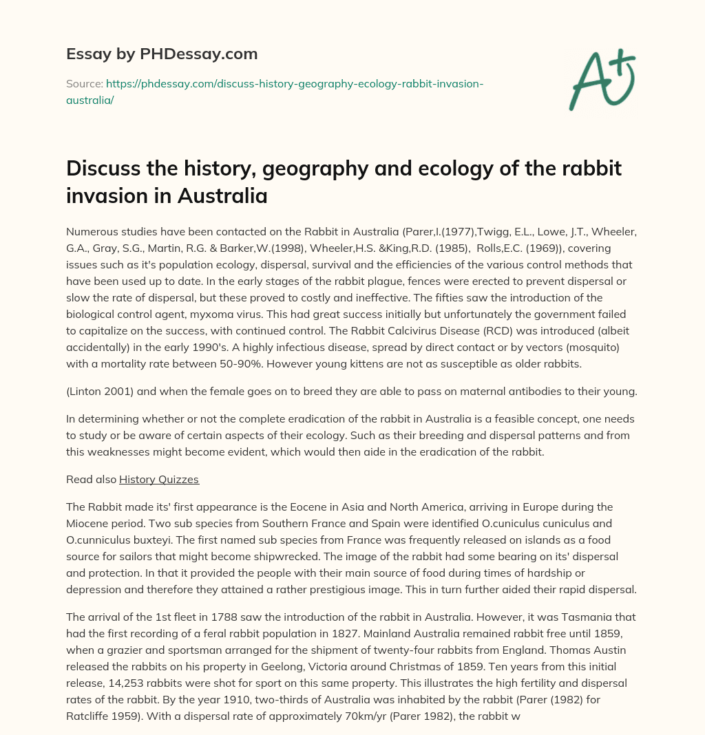 Discuss the history, geography and ecology of the rabbit invasion in Australia essay