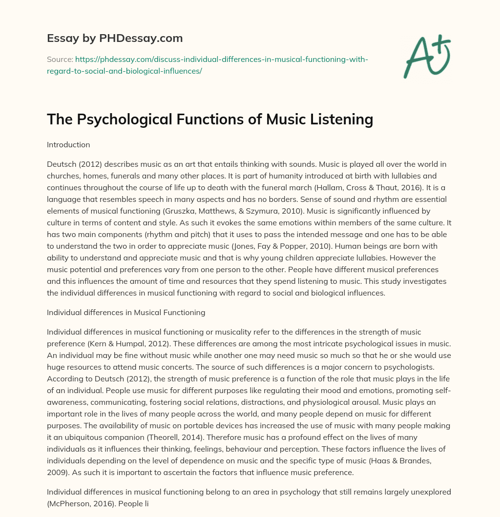 The Psychological Functions of Music Listening essay