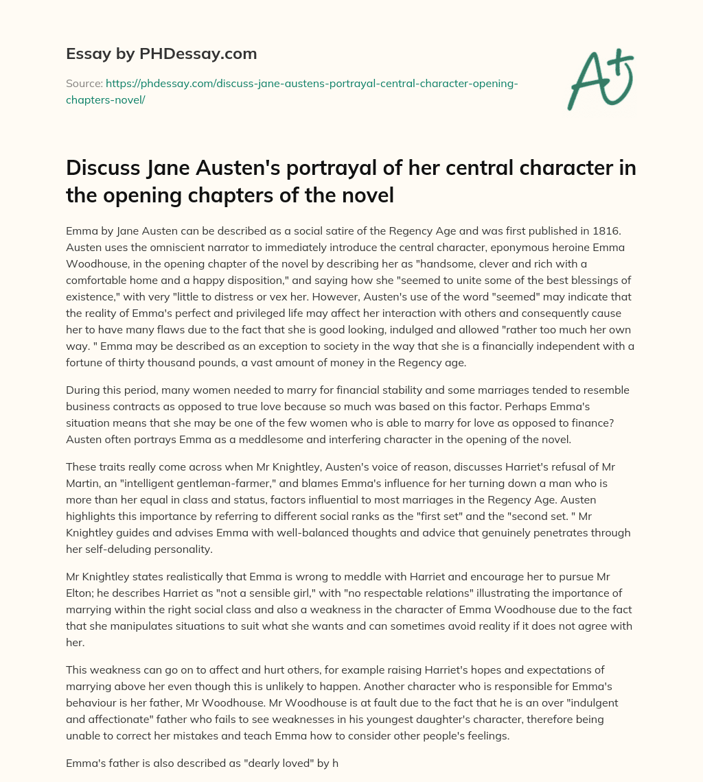Emma by Jane Austen: A Social Satire of Regency Age Society and the Flaws of Privilege essay