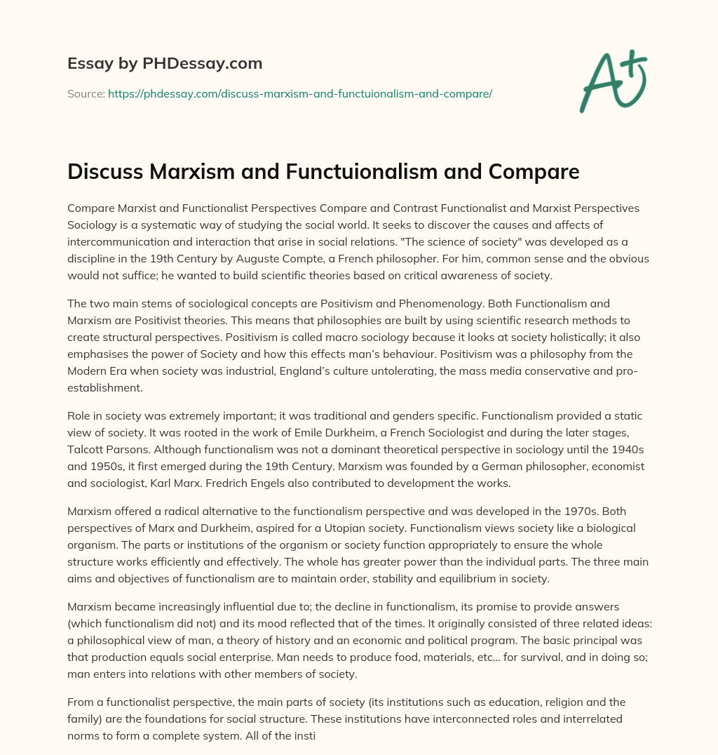 Discuss Marxism and Functuionalism and Compare essay