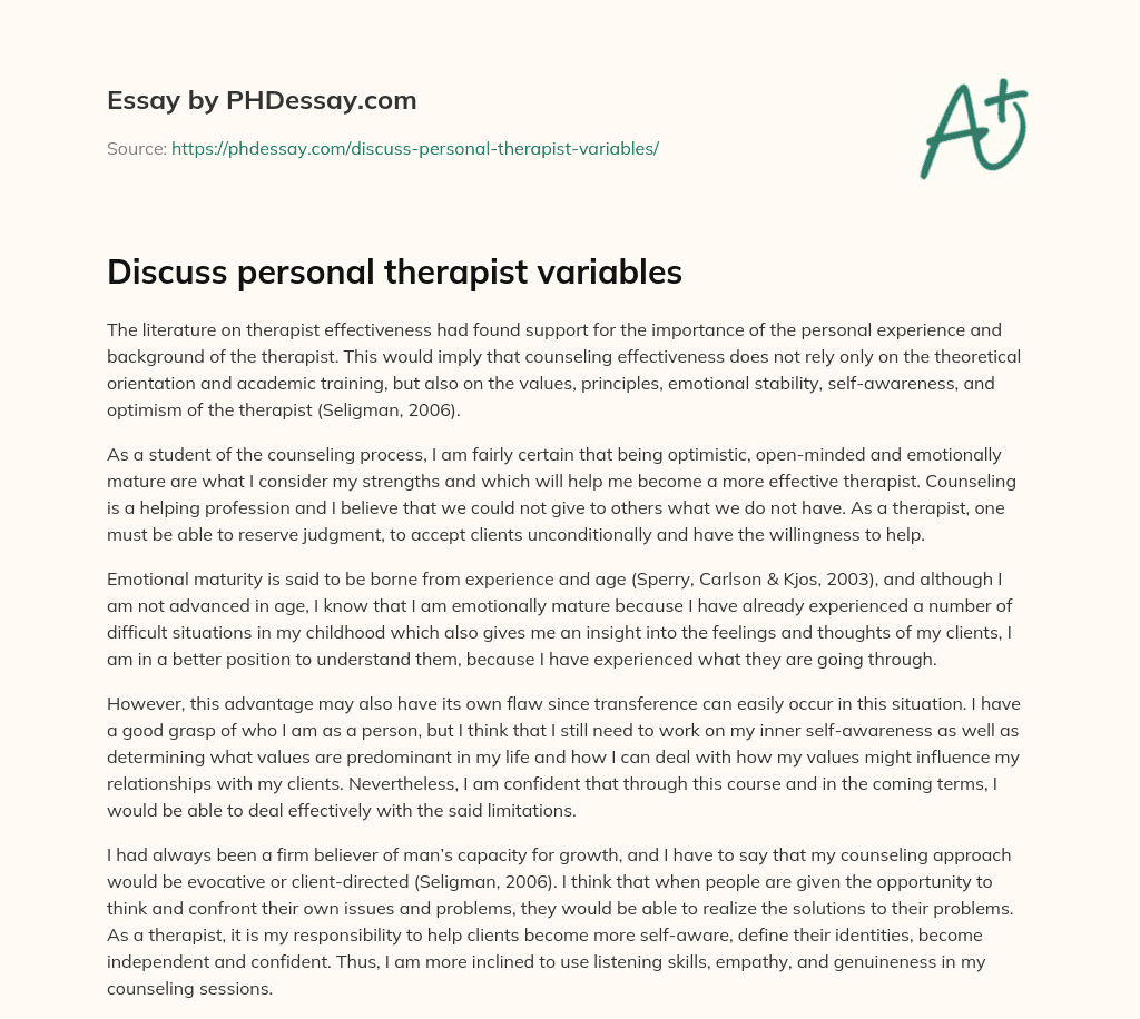 Discuss personal therapist variables essay