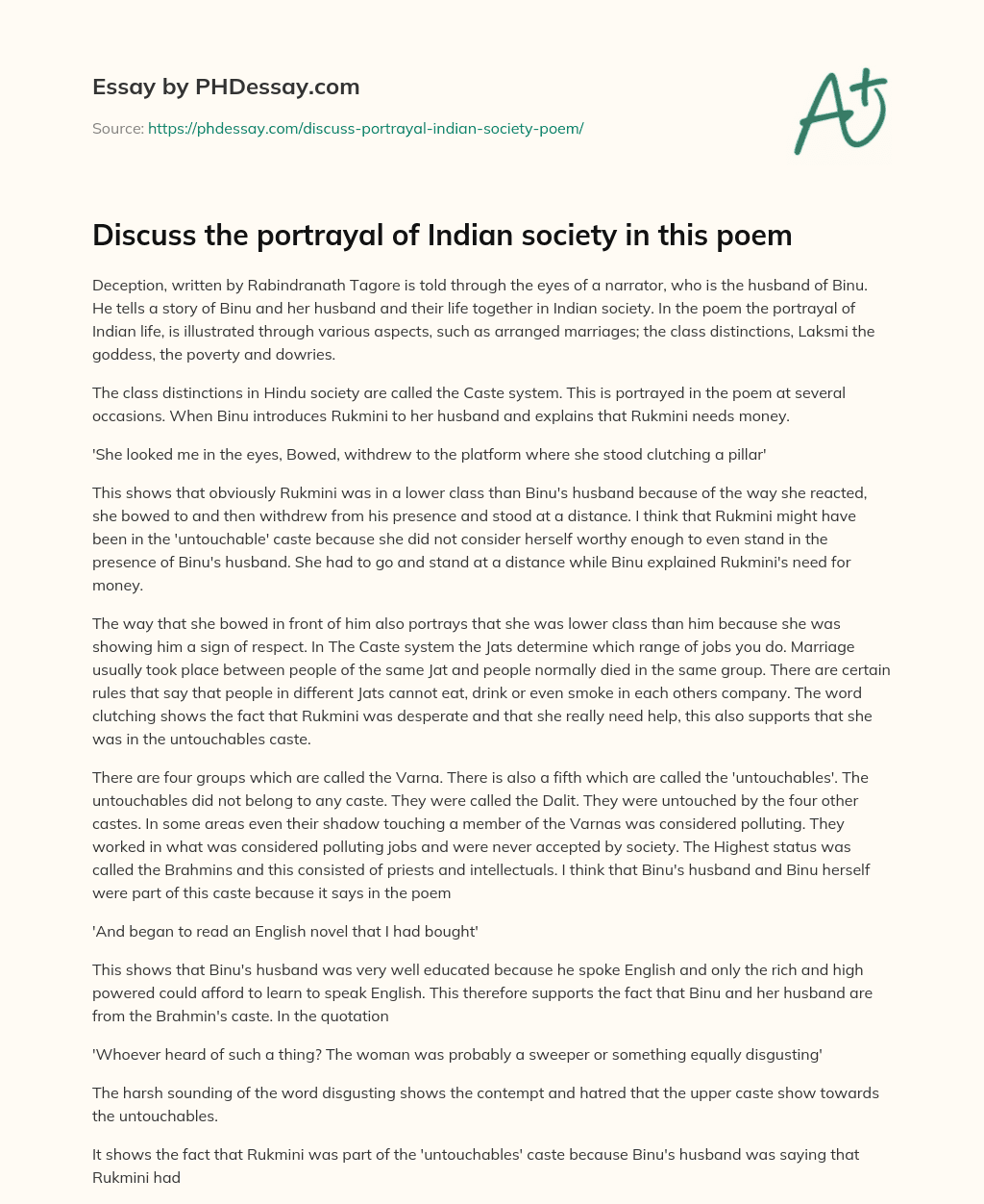 Discuss the portrayal of Indian society in this poem essay