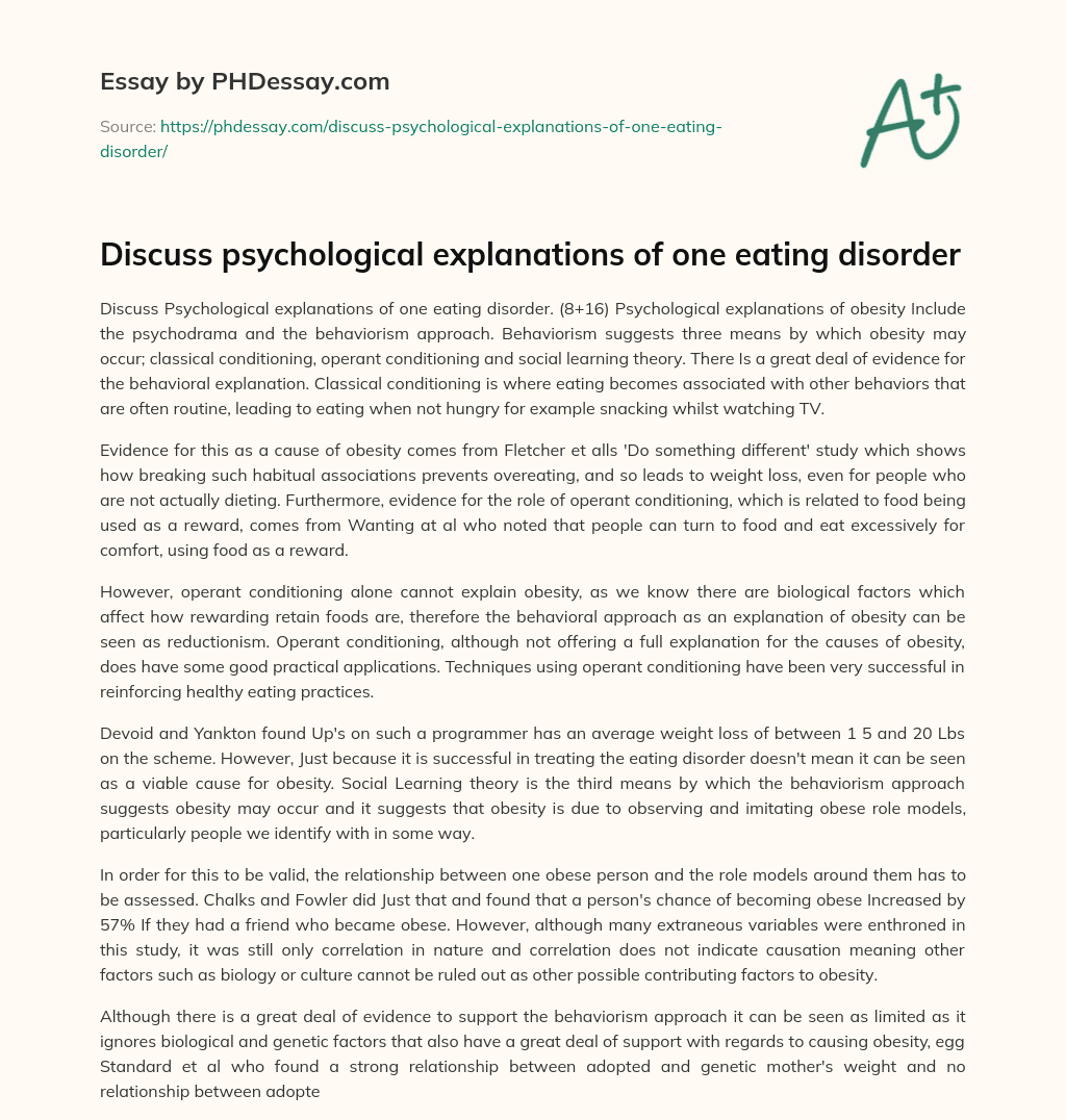 Discuss psychological explanations of one eating disorder essay