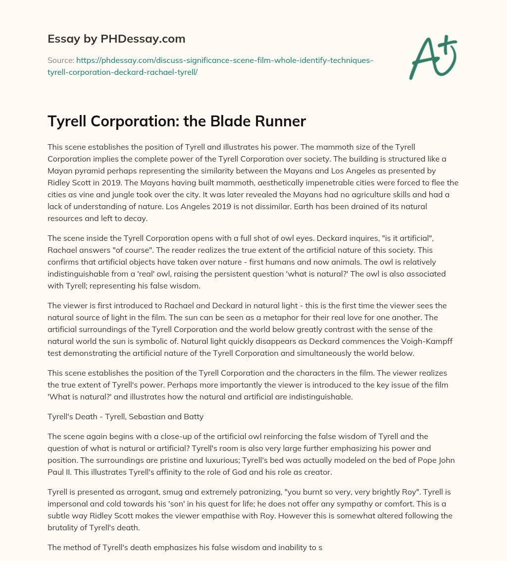 Tyrell Corporation: the Blade Runner essay