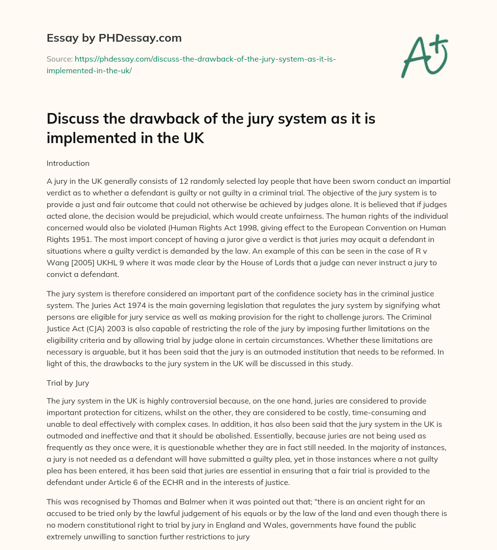 Discuss the drawback of the jury system as it is implemented in the UK essay