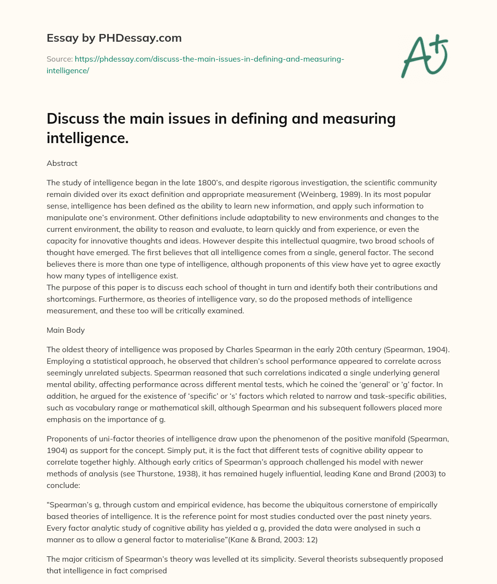 Discuss the main issues in defining and measuring intelligence. essay