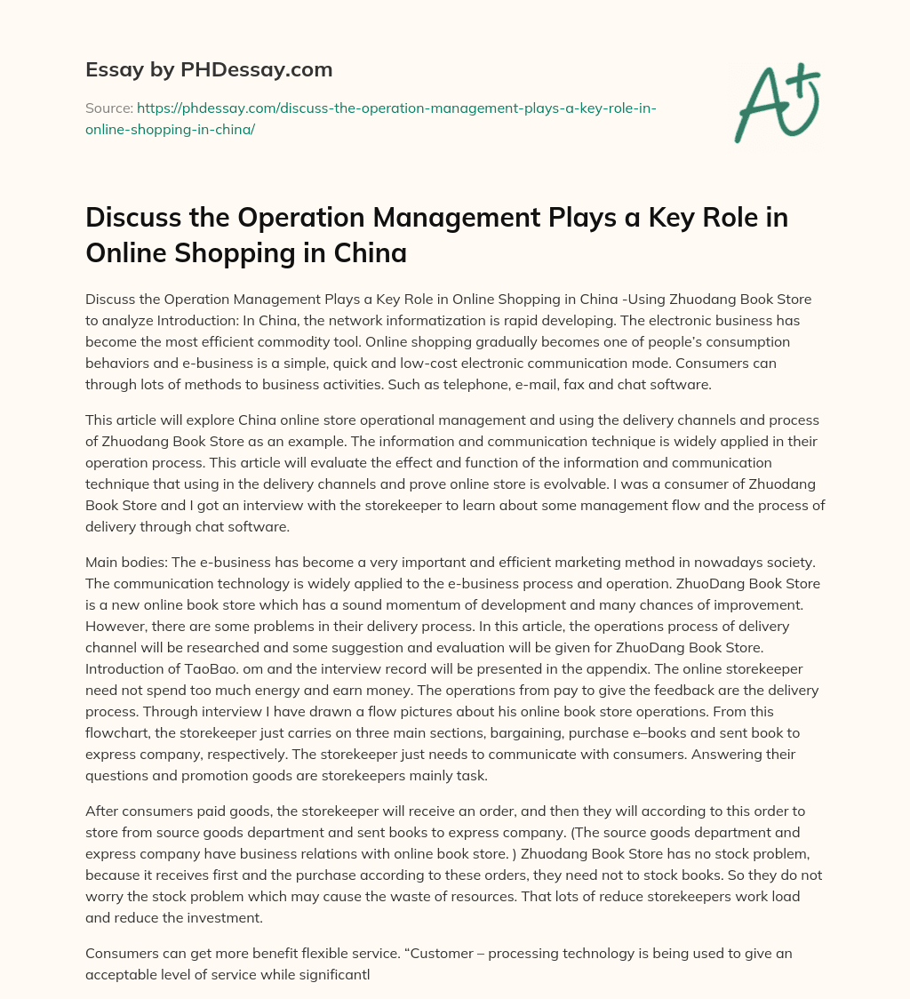 Discuss the Operation Management Plays a Key Role in Online Shopping in China essay