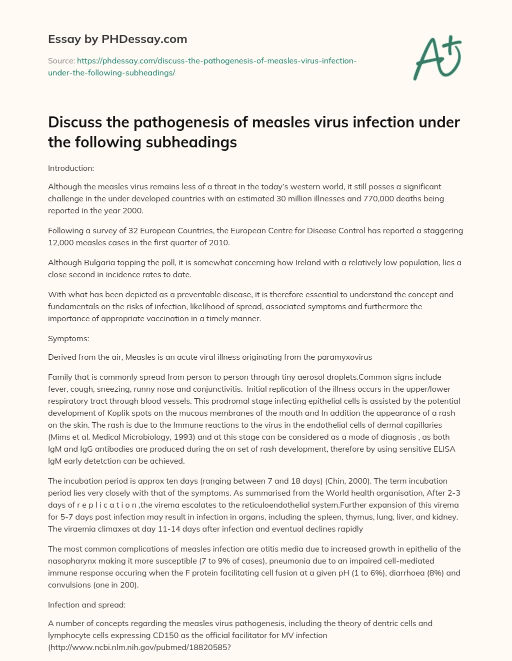 Discuss the pathogenesis of measles virus infection under the following subheadings essay