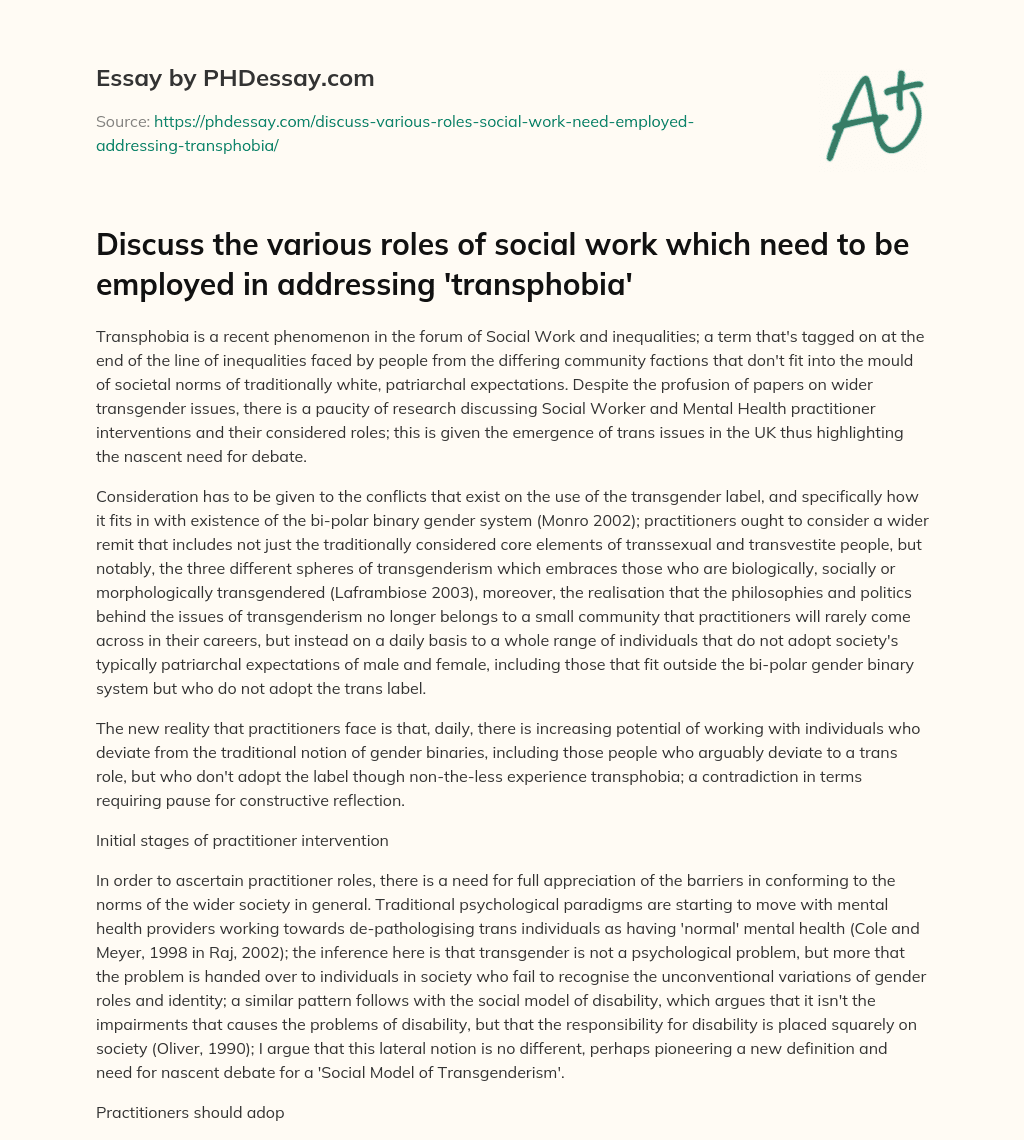 Transphobia in Social Work: The Need for Debate and Consideration of Wider Transgender Issues essay