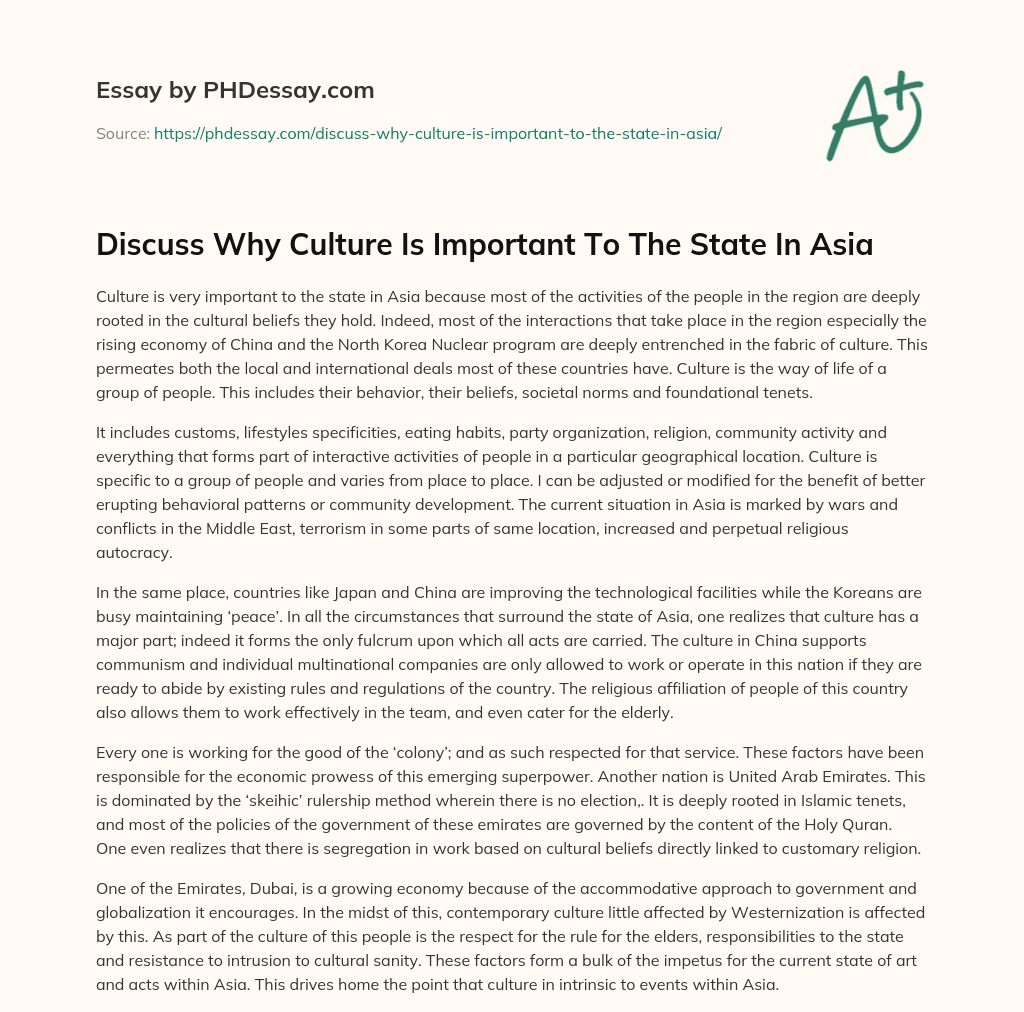 Discuss Why Culture Is Important To The State In Asia essay