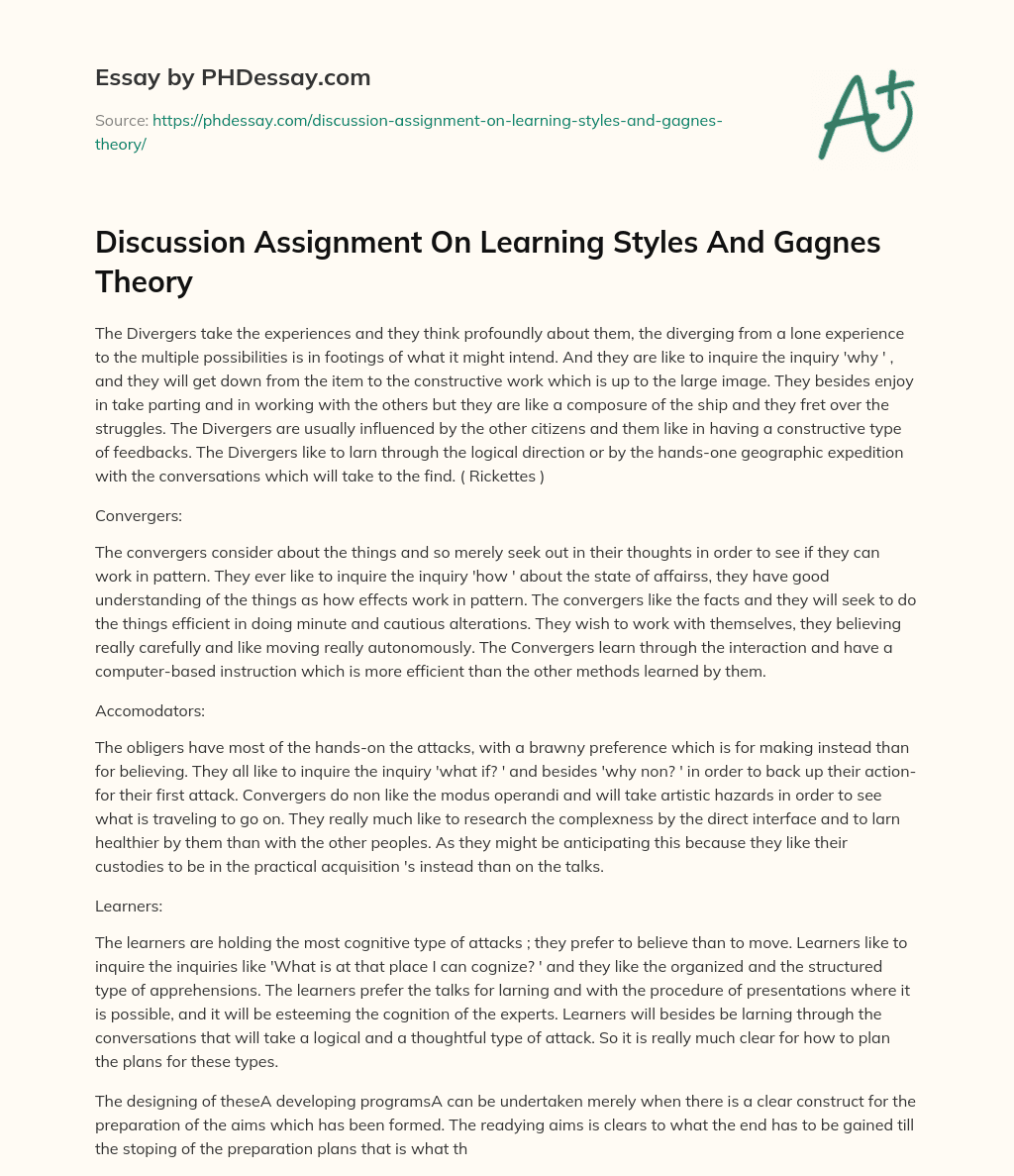 Discussion Assignment On Learning Styles And Gagnes Theory essay