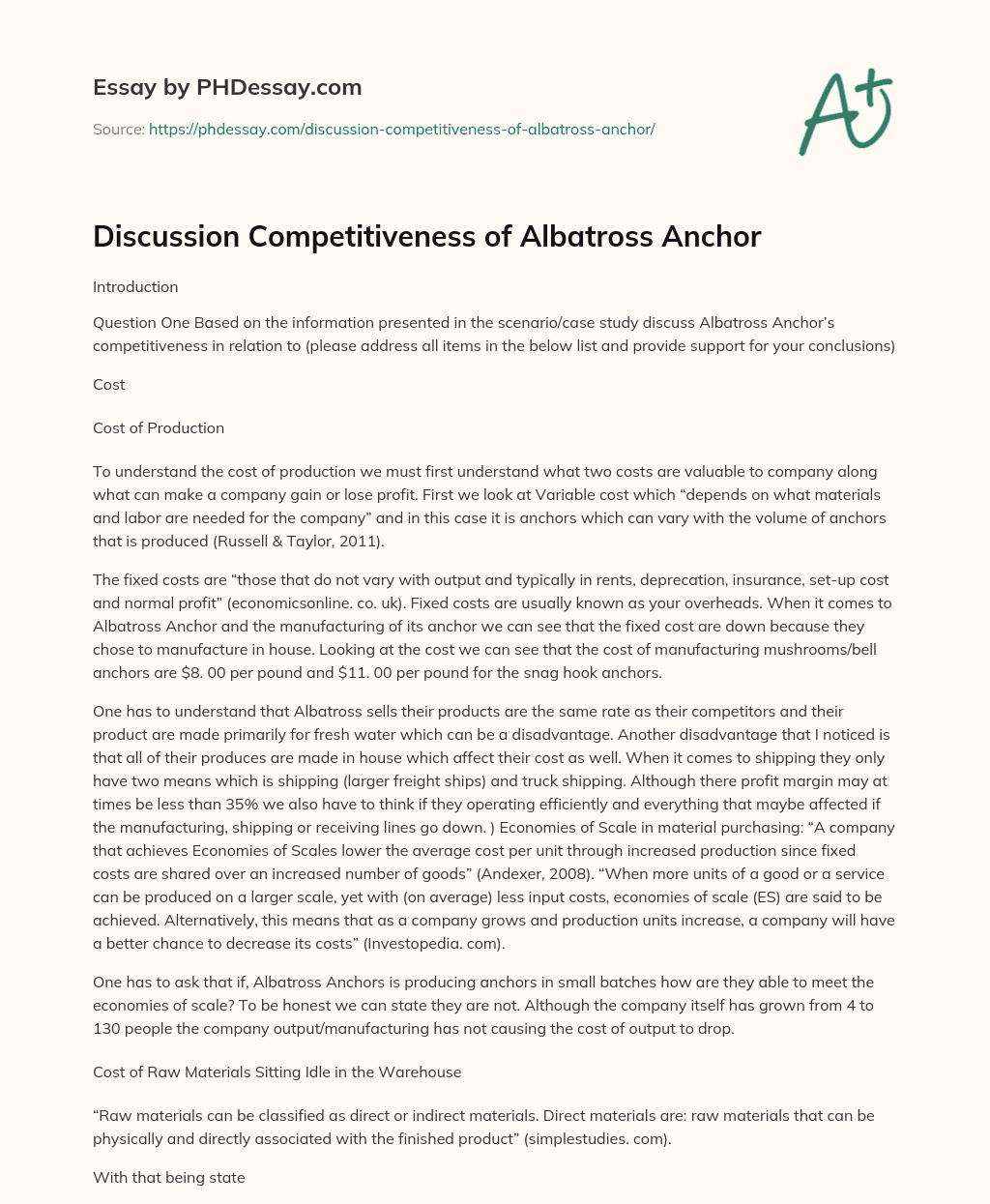Discussion Competitiveness of Albatross Anchor essay