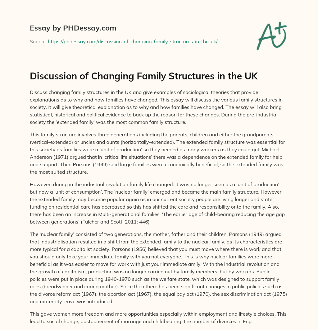 Discussion of Changing Family Structures in the UK essay