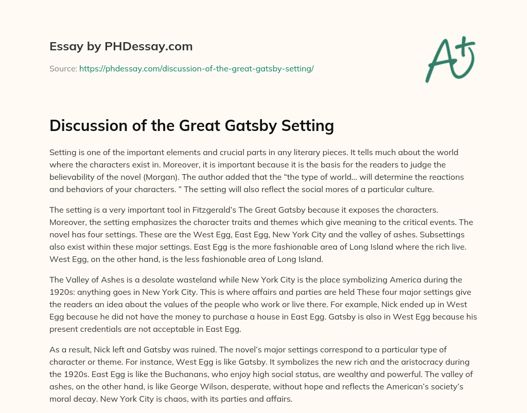 Discussion of the Great Gatsby Setting essay