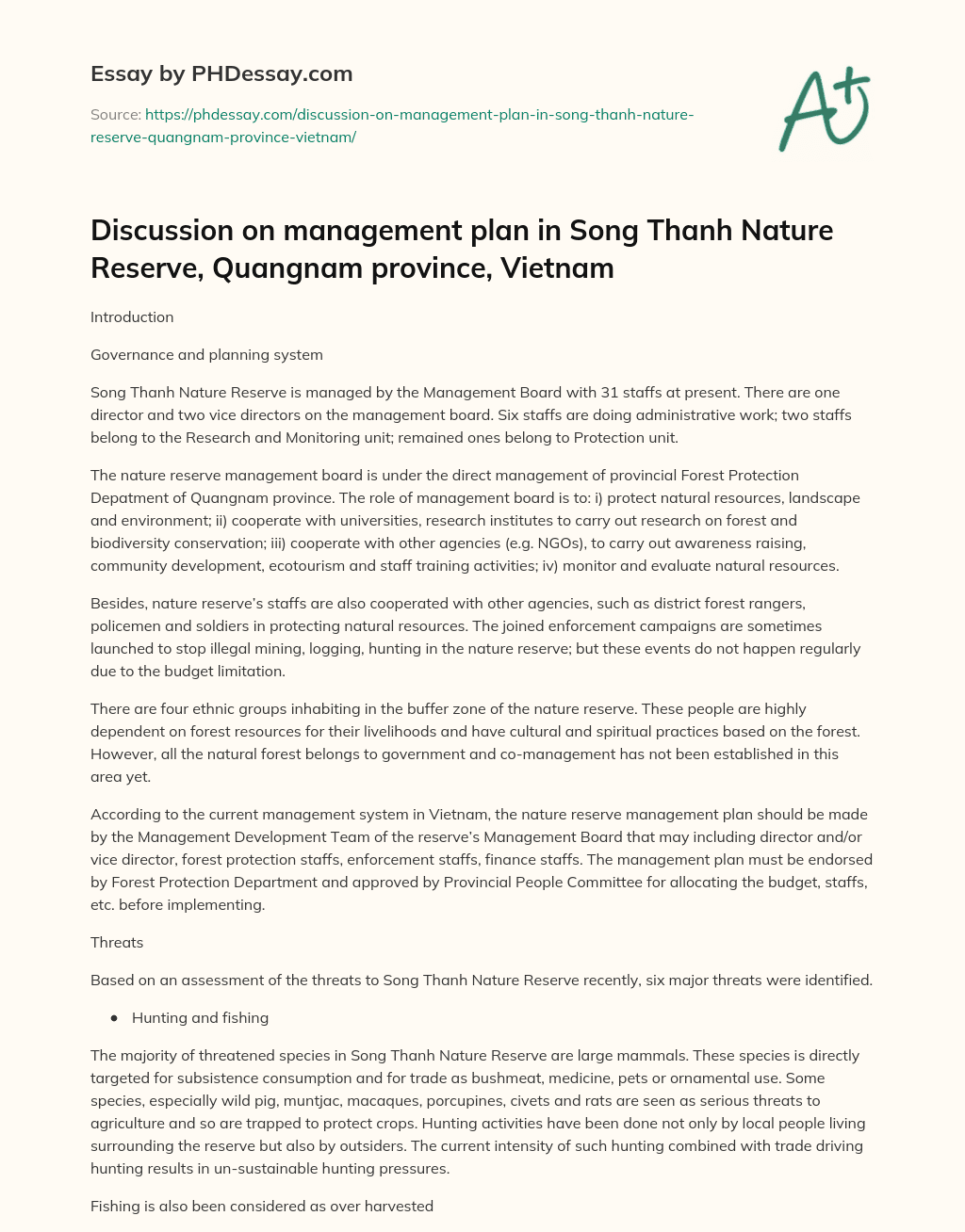 Discussion on management plan in Song Thanh Nature Reserve, Quangnam province, Vietnam essay