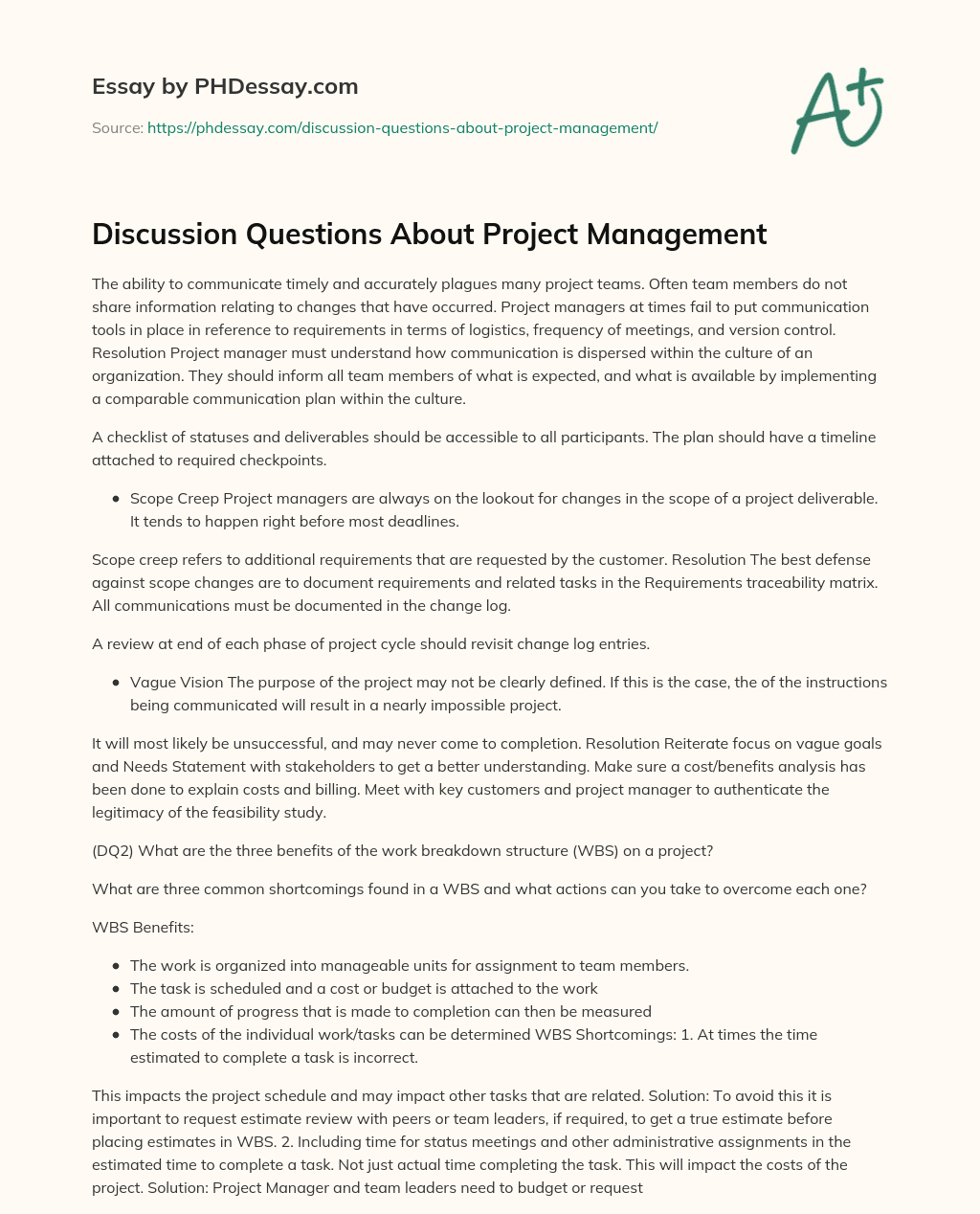 Discussion Questions About Project Management essay