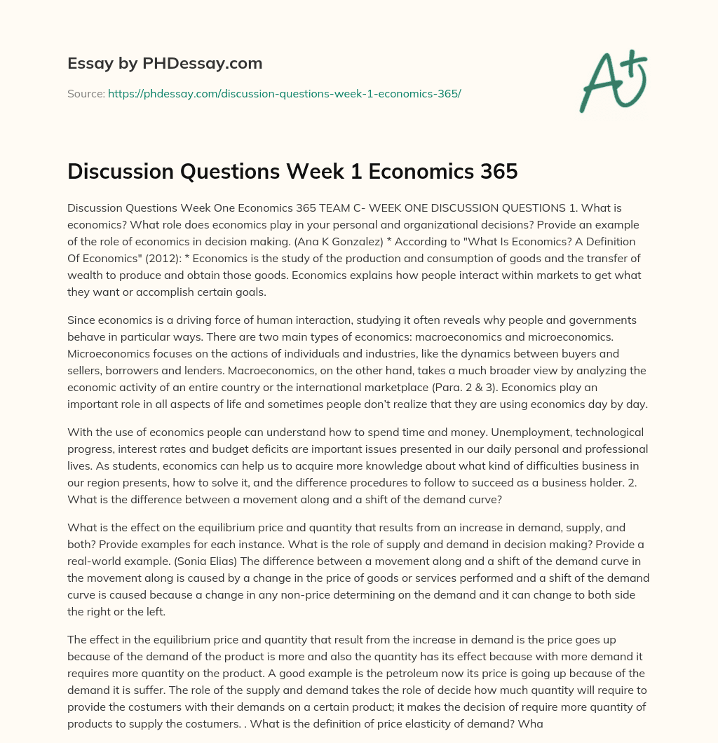 Discussion Questions Week 1 Economics 365 essay