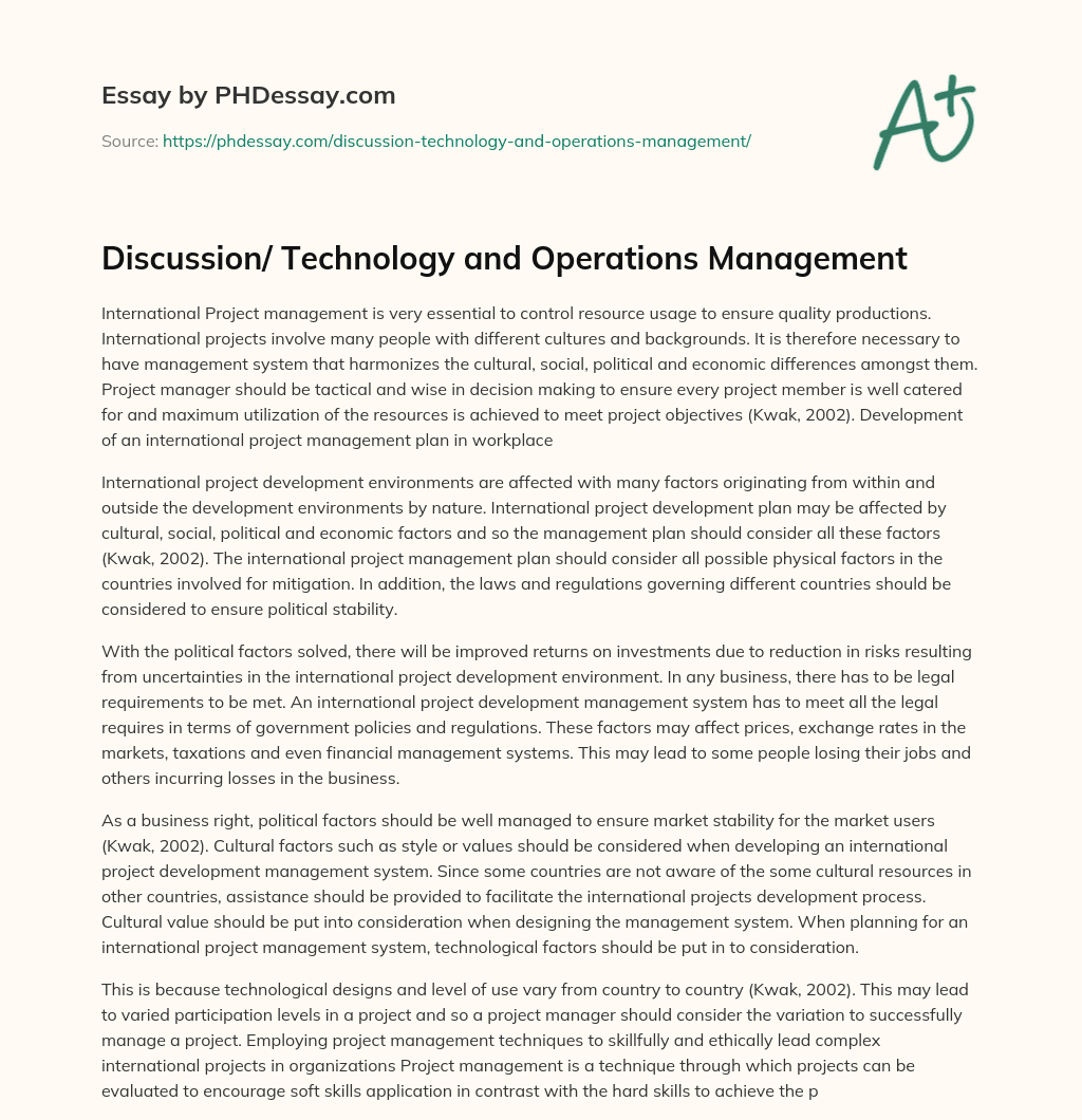 Discussion/ Technology and Operations Management essay