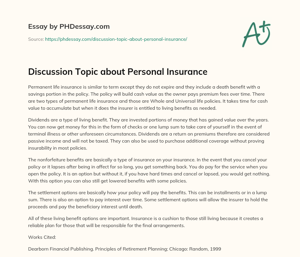 Discussion Topic about Personal Insurance essay