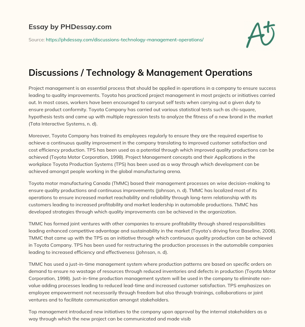 Discussions / Technology & Management Operations essay