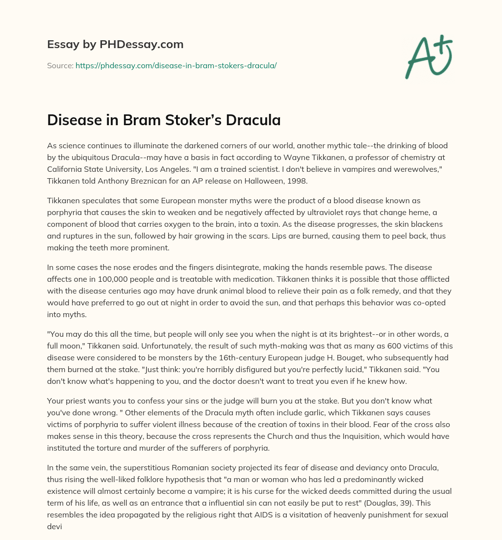 Disease in Bram Stoker’s Dracula essay