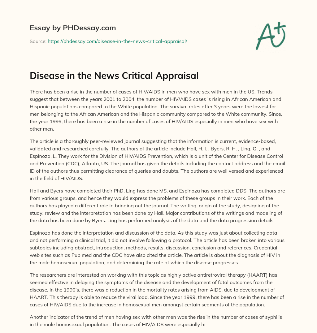 Disease in the News Critical Appraisal essay