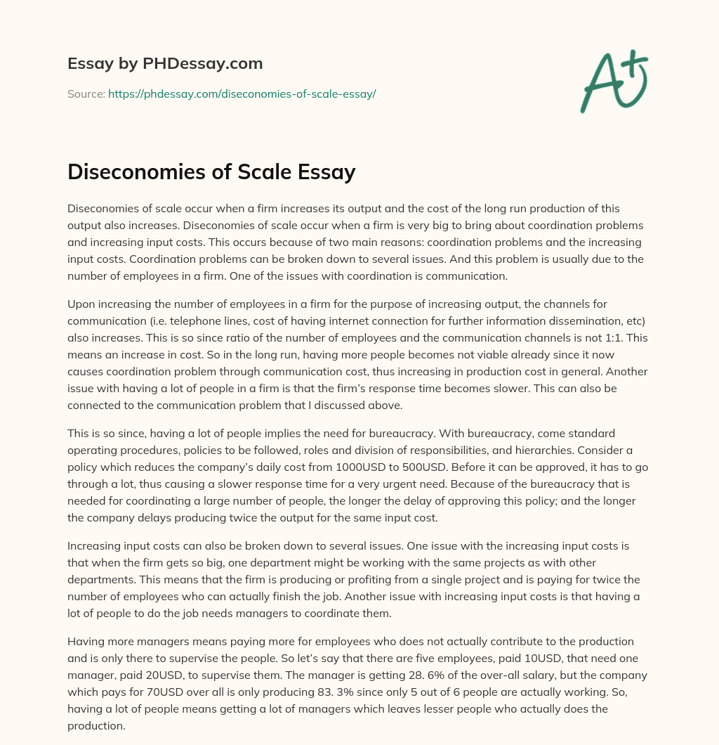 Diseconomies of Scale Essay essay