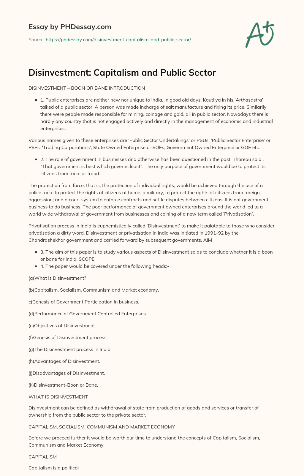 Disinvestment: Capitalism and Public Sector essay