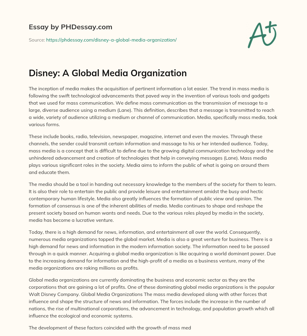 Disney: A Global Media Organization essay