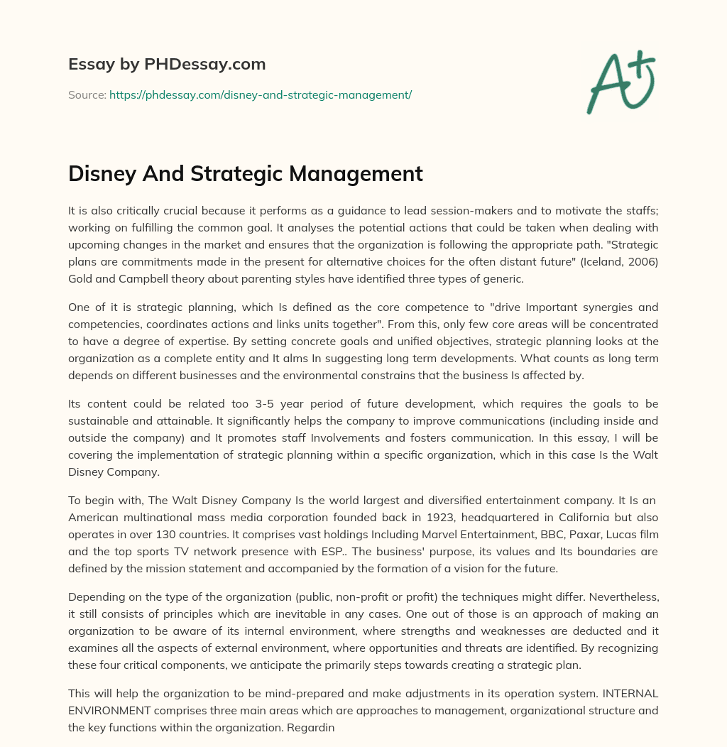 Disney And Strategic Management essay