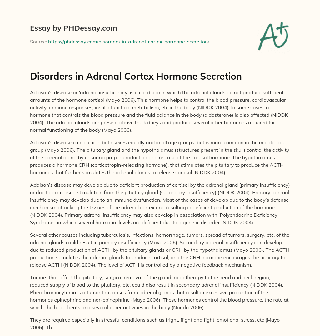 Disorders in Adrenal Cortex Hormone Secretion essay